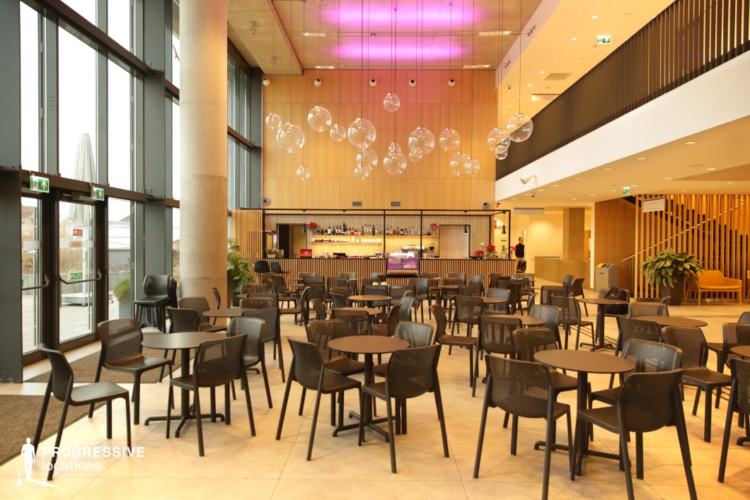 This expansive contemporary café features a sleek, minimalist aesthetic with clean lines, warm wooden accents, and an abundance of natural light streaming through its floor-to-ceiling windows. The high ceiling is adorned with suspended glass globe lights, creating an airy, modern ambiance, while soft pink LED lighting adds a subtle contrast. The seating arrangement consists of black mesh chairs and round tables, offering a functional yet stylish setting. A wooden-paneled bar with soft backlighting serves as the focal point, complemented by vertical slatted details that continue throughout the space. The open-plan layout, neutral tones, and refined material choices make this venue ideal for professional gatherings, casual dining, or contemporary architectural visuals.
