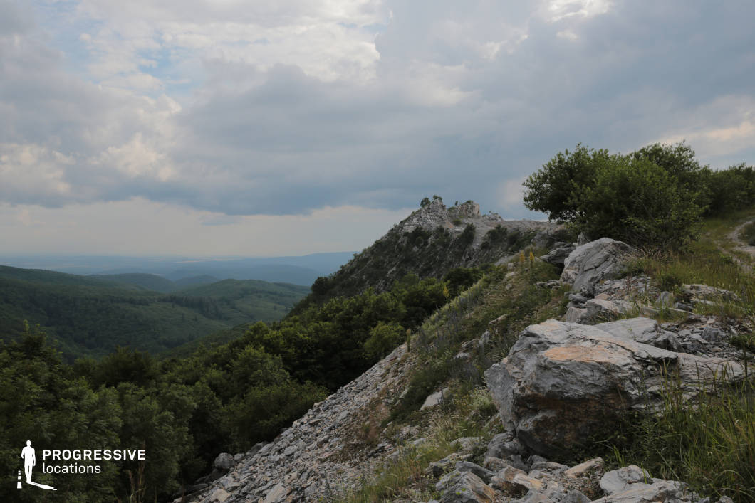 A rugged trail winds along a rocky ridge with jagged limestone outcrops and scattered shrubs, overlooking an expansive sea of forested hills that stretch into the horizon. The uneven terrain and exposed rock faces offer a dramatic contrast to the soft rolling valleys below, while the elevated perspective enhances the sense of scale and isolation. This location is ideal for adventure films, survival stories, fantasy quests, or introspective journeys, especially scenes involving travel, escape, confrontation, or a pivotal turning point in a character's path.