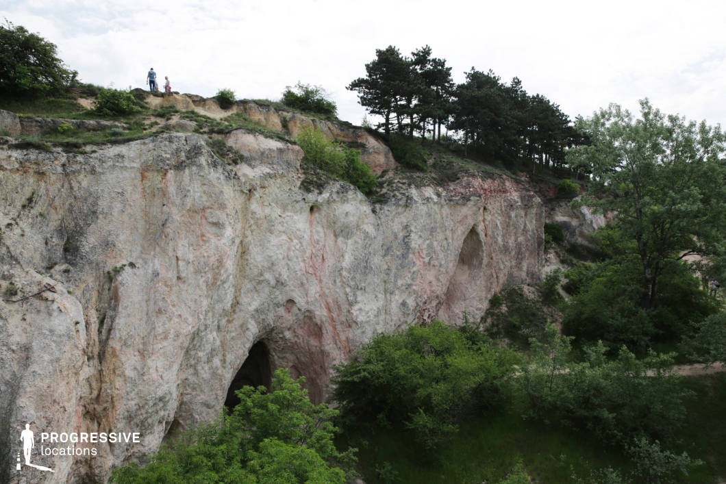 This dramatic cliff face features pale, textured rock with streaks of red and natural cave openings carved into its surface. The contrast between the rocky wall and the greenery below adds visual depth, while the top of the cliff offers an elevated vantage point. The formation evokes both ancient and untouched qualities, making it ideal for adventure, fantasy, or prehistoric scenes—particularly for hideouts, sacred sites, or discovery moments involving cave entrances or dramatic standoffs along a precipice.