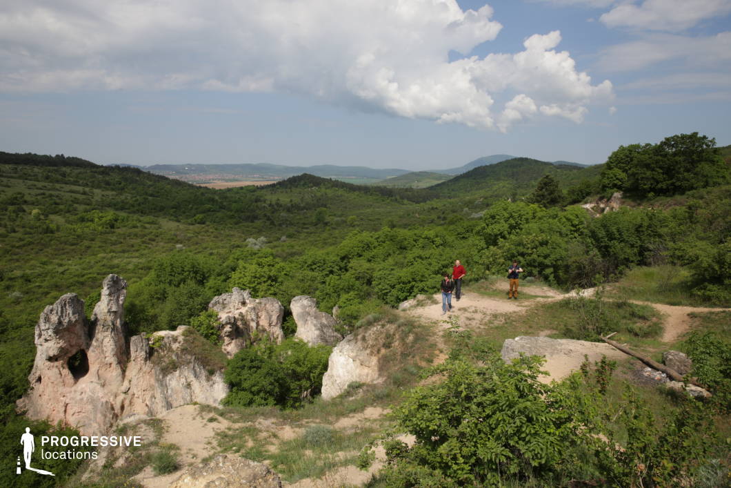 This elevated natural location offers a sweeping panorama of densely vegetated hills and distant valleys, anchored by striking pale rock formations that rise dramatically from the greenery. The terrain is a mix of rugged outcrops, compacted soil paths, and layered vegetation, providing visual and physical variety. The unique shapes of the rock structures, including pierced and angular forms, contribute a sculptural quality to the scene, creating strong natural focal points. This setting is highly suitable for adventure films, historical epics, or nature documentaries, offering a dramatic and visually distinctive backdrop with strong topographical contrast and expansive views.