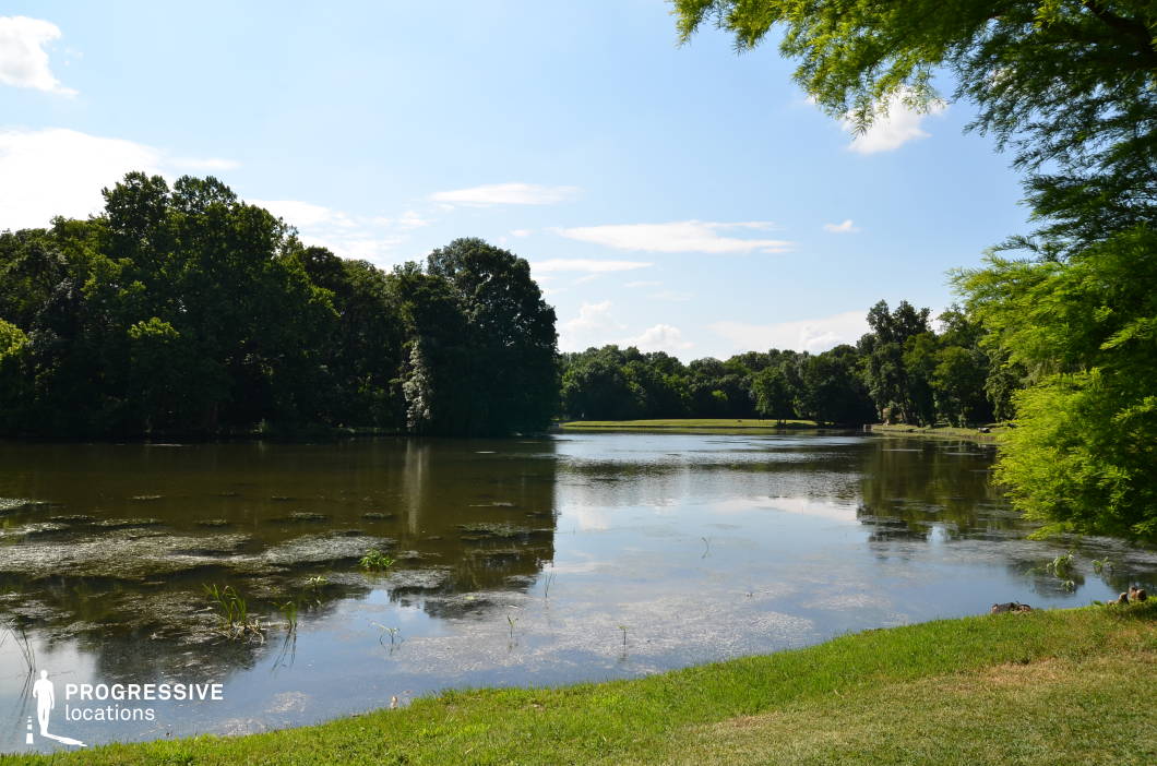 This serene parkland lake is bordered by manicured grass and dense tree lines, with still water that reflects the rich greenery and open sky. The wide, shallow shoreline gradually transitions into deeper areas, while subtle aquatic vegetation adds texture to the water’s surface. The framing trees and open view across the lake create a balanced composition of enclosed and open space, making the location visually versatile. Ideal for romantic, contemplative, or family-oriented productions, this peaceful and accessible setting offers a refined natural backdrop suitable for dialogue scenes, wide establishing shots, or moments of calm within a narrative.