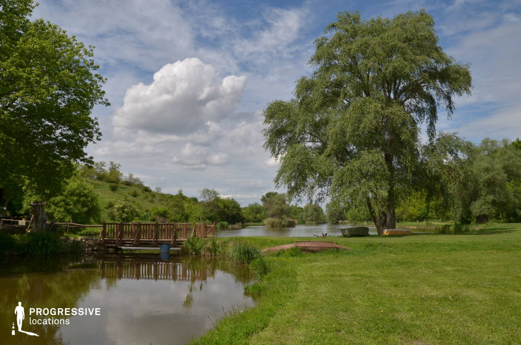 This peaceful riverside setting features a small wooden bridge, calm water, and open grassy areas framed by gentle slopes and tall trees. The natural symmetry of the landscape and the presence of flat, accessible shorelines make the location versatile for a variety of cinematic compositions. Its timeless, idyllic quality is perfect for pastoral scenes, romantic moments, or introspective sequences in dramas, coming-of-age stories, or historical films—especially those seeking a rural or untouched feel away from modern elements.