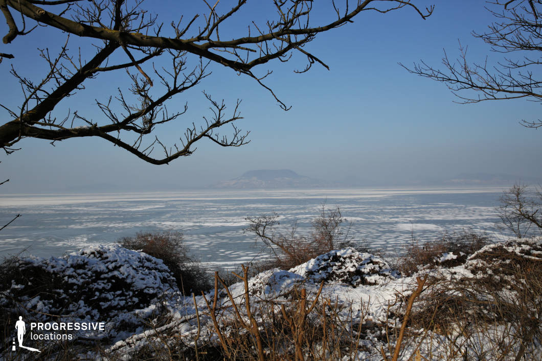 This striking landscape captures a vast frozen lake framed by snow-covered brush and bare branches, with a solitary hill rising on the horizon. The textured ice and the open expanse create a powerful sense of isolation and scale, while the leafless foreground adds visual drama and seasonal contrast. The setting is ideal for filming atmospheric winter scenes, introspective moments, survival narratives, or mythic journeys in historical or fantasy genres.