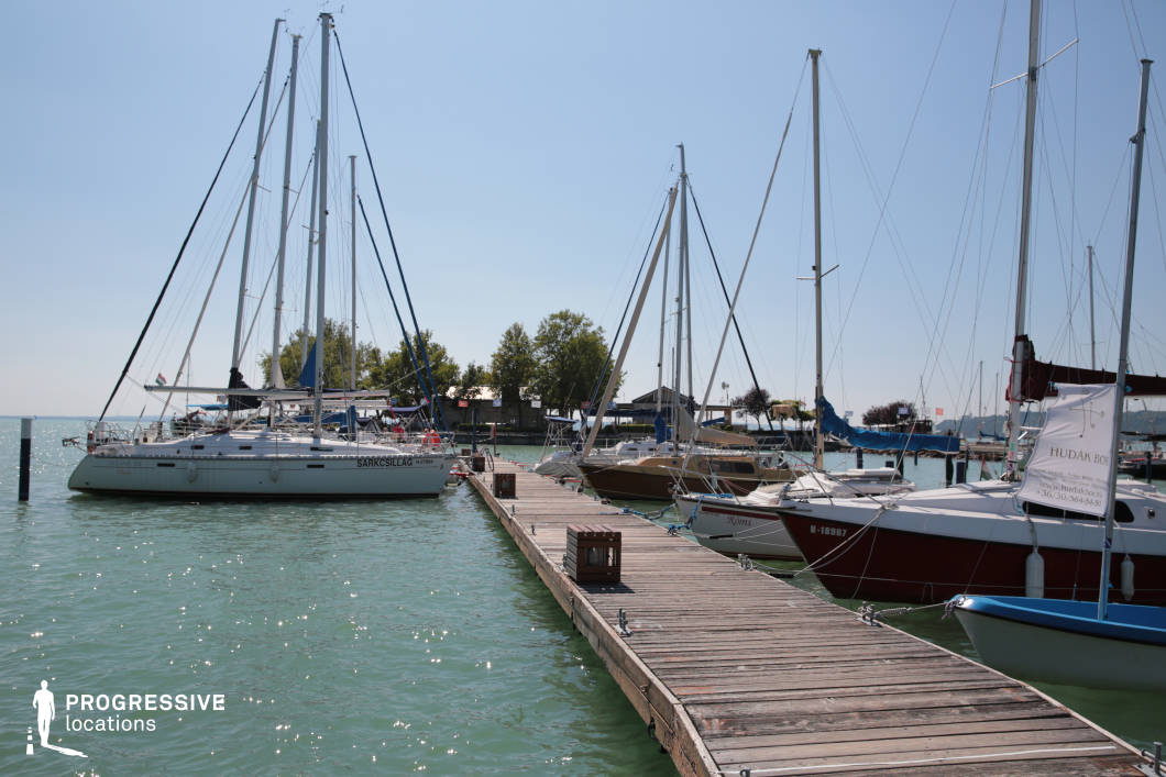 A wooden pier extends into a calm lake, flanked on both sides by neatly moored sailboats with tall masts forming a vertical rhythm against the horizon. The distant shoreline features a tree-lined waterfront with small buildings, adding a relaxed nautical charm to the setting. The clean lines and natural elements provide a balanced, open composition. This location is perfect for lifestyle or travel-themed films, romantic sequences, contemplative scenes, or family dramas with a waterside backdrop.