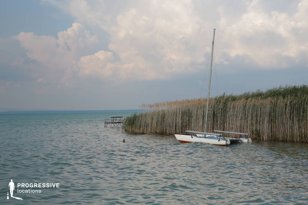 This tranquil lakeside setting features a long wall of tall reeds curving around the shore, with a white catamaran gently moored nearby and a simple wooden pier extending into the water in the distance. The clear, layered water tones and soft horizon line create a visually soothing composition. The balance of natural elements and isolated structures makes it ideal for serene, introspective scenes. Perfect for romantic moments, coming-of-age films, or poetic interludes, this location offers a peaceful, timeless backdrop with strong visual symbolism of solitude and freedom.