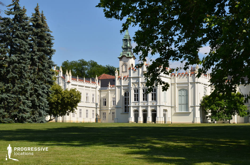 This striking palace exhibits a refined Neo-Gothic architectural style, characterized by pointed arches, decorative battlements, and an elegant central tower with a patinated copper spire. The crisp white façade is accentuated by tall, arched windows and intricate detailing along the roofline, contributing to its regal and historic presence. The symmetrical layout, expansive green surroundings, and open lawn create a grand yet serene atmosphere. This location is ideal for filming period dramas, fantasy narratives, or aristocratic-themed productions, offering a stately and visually rich setting for scenes involving royalty, mystery, or gothic romance.