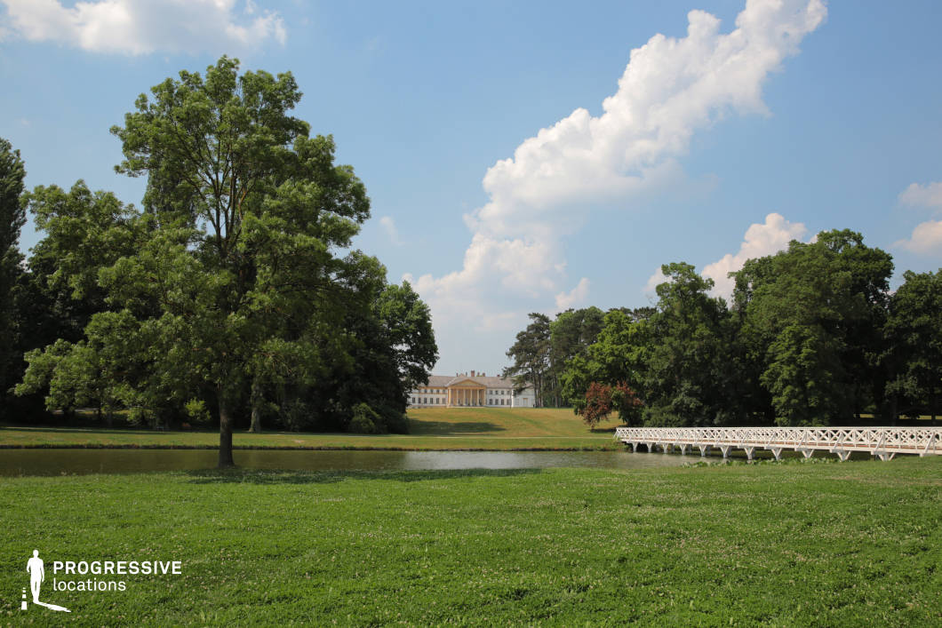 This image features an expansive parkland with a stately neoclassical mansion in the background, framed by lush greenery and a reflective body of water. A delicate white bridge with intricate railings spans the water, leading towards the distant estate, creating a sense of depth and elegance. The symmetrical architecture of the mansion, with its grand columns and balanced proportions, enhances the scene’s classical and aristocratic aesthetic. The vast open lawn, the reflective water, and the mature trees contribute to an atmosphere of tranquility and grandeur. This location is ideal for filming historical dramas, romantic period pieces, or atmospheric mystery films, offering a refined and timeless setting with strong visual contrast between nature and man-made structures.