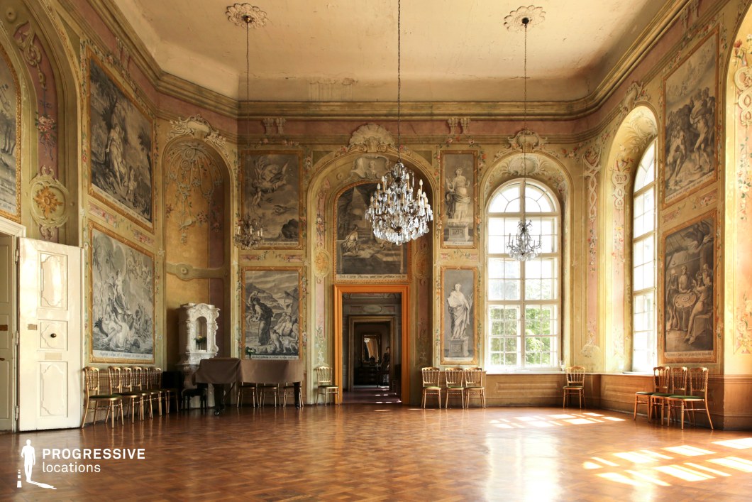 This grand yet weathered ballroom exudes historical elegance, featuring towering arched windows that allow natural light to illuminate the intricate frescoed walls adorned with classical mythological scenes in a muted monochrome palette. The parquet flooring, softened by time, enhances the sense of grandeur, while delicate chandeliers hang from a subtly aged ceiling, adding a touch of faded opulence. Gilded chairs line the room, contributing to its aristocratic charm, while the central doorway provides a dramatic sense of depth, leading into adjoining spaces. This location is ideal for filming historical dramas, period romances, or mystery narratives that require an atmospheric, slightly melancholic, and visually rich setting.