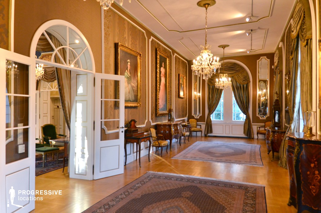 This refined mansion interior exudes aristocratic charm, featuring richly decorated walls with intricate moldings, gold-framed portraits, and opulent chandeliers that cast a warm, ambient glow. The space is adorned with luxurious drapery framing tall windows, allowing natural light to enhance the elegant textures and furnishings. Antique wooden furniture, including finely carved side tables and period-style seating, adds to the grandeur. Plush area rugs soften the polished parquet flooring, contributing to the stately atmosphere. This location is ideal for filming period dramas, high-society gatherings, historical documentaries, or classic mystery narratives that require a refined, sophisticated setting.