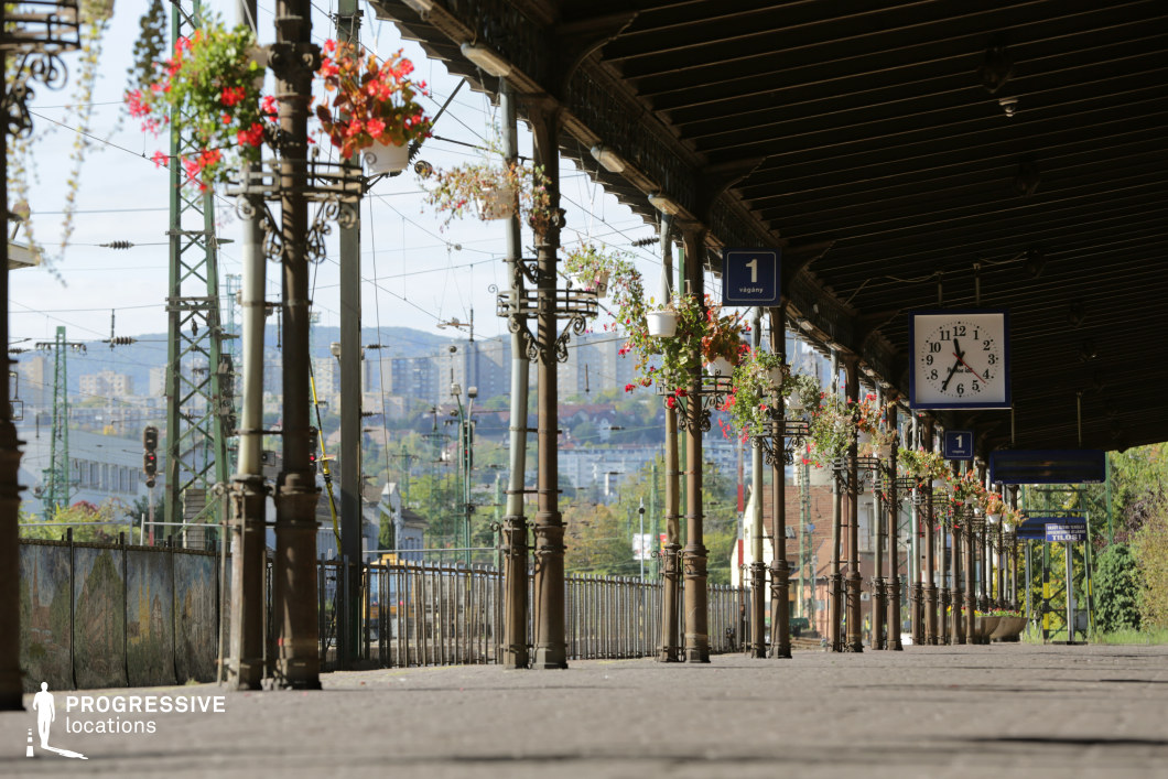 This picturesque train platform features intricate cast-iron columns and vintage details that lend it a timeless quality. The platforms are adorned with hanging flower baskets, adding color and life to the industrial structure. Above, large clocks provide a functional and aesthetic touch, while the overhead railway lines and signals complete the railway scene. The platform's elegant design contrasts beautifully with the backdrop of surrounding hills and urban buildings, creating a peaceful and visually interesting setting. The architectural elements and floral decorations together evoke a sense of old-world charm while remaining a functional transportation hub.