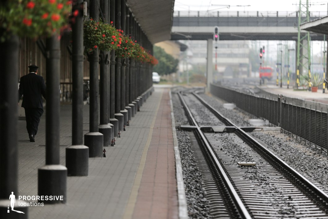 The image showcases a train station platform with a long row of black cast-iron columns supporting an overhead canopy. The platform is paved with a mix of tiles and textured surfaces, leading towards the converging railway tracks that extend into the distance. The dark metal and concrete textures contrast with the greenery in the background and the red flowers hanging from the columns, adding a subtle touch of color. In the distance, an overpass bridge and modern industrial structures frame the background, blending old and new architectural styles. The perspective of the image, with the tracks and columns receding into the distance, creates depth and a sense of movement. This location is ideal for filming due to its cinematic symmetry, strong industrial aesthetic, and timeless atmosphere. It is particularly well-suited for drama, thriller, and period-piece genres, emphasizing isolation, transitions, or travel-related narratives.