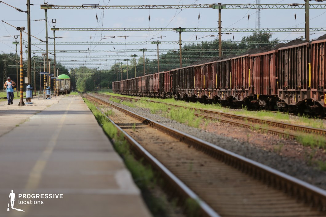 This railway scene features a long line of weathered, rust-colored freight wagons extending into the distance, set against a backdrop of overhead electric cables and lush greenery. The worn concrete platform, lined with yellow safety markings, adds to the industrial atmosphere. Utility poles and power lines crisscross the sky, emphasizing the networked infrastructure of the station. The rustic charm and gritty texture make this location ideal for period dramas, industrial-themed visuals, or projects capturing the essence of small-town railway transit.