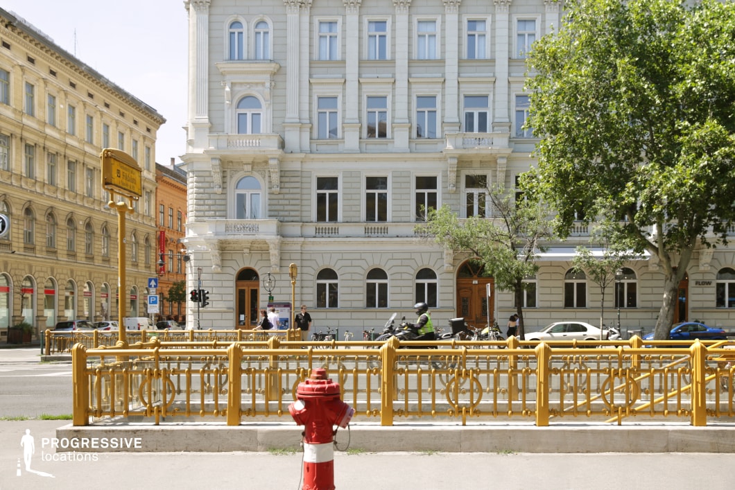 The image captures a sophisticated urban setting featuring a grand neoclassical-style building with a cream-colored façade, adorned with decorative columns, intricate window moldings, and small balconies. The foreground is dominated by an ornate, golden wrought-iron railing, which encloses a descending entrance, possibly to an underground passage or metro station. A red fire hydrant stands in contrast to the railing’s refined design. Surrounding buildings exhibit a cohesive architectural style, characterized by arched windows and decorative stonework, enhancing the historical ambiance. Greenery, including mature trees and smaller plants, softens the structured cityscape. This location is ideal for filming period dramas, historical narratives, or elegant urban sequences, offering a European metropolitan backdrop suitable for genres like mystery, romance, or sophisticated thrillers.