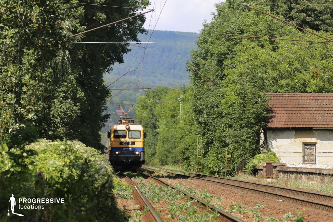This rural railway scene features a vintage yellow and blue electric locomotive moving along a pair of slightly overgrown tracks, flanked by lush greenery. Tall trees create a natural tunnel around the train, framing the composition with dense foliage. Overhead electrical wires crisscross the sky, adding an industrial contrast to the organic environment. To the right, an aged building with a weathered plaster exterior and a tiled roof stands near the tracks, hinting at an old railway outpost or abandoned station. In the background, rolling hills provide a scenic backdrop. This location is ideal for filming atmospheric travel sequences, historical narratives, or suspenseful train journeys, making it well-suited for drama, mystery, or period films.