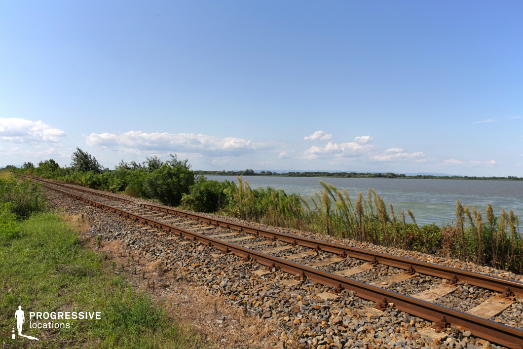 This picturesque railway track runs parallel to a vast lake, creating a tranquil yet cinematic setting. The rust-colored steel rails contrast against the rocky gravel bed, while wild vegetation, including tall grasses and bushes, grows alongside the tracks. The open expanse of water stretches toward the horizon, framed by a distant tree line and rolling hills. The sky above adds a sense of openness and freedom, enhancing the location's visual appeal. This setting is ideal for filming introspective travel sequences, road-movie aesthetics, or contemplative dramas, offering a blend of nature and human-made infrastructure for visually compelling storytelling.