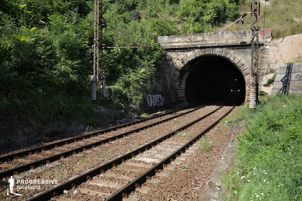 This railway tunnel, constructed from aged stone blocks, creates a dramatic contrast against the surrounding lush greenery. The dark entrance forms a stark, almost ominous void, with converging parallel train tracks leading directly into its depths. Overhead electrical lines and weathered support structures add to the industrial aesthetic, while patches of graffiti on the tunnel's stone façade contribute an urban, gritty texture. The overgrown vegetation surrounding the scene softens the rigid infrastructure, creating an interplay between nature and industry. This location is ideal for filming suspenseful train sequences, mystery-driven narratives, or historical dramas, offering a cinematic blend of intrigue, isolation, and raw authenticity.
