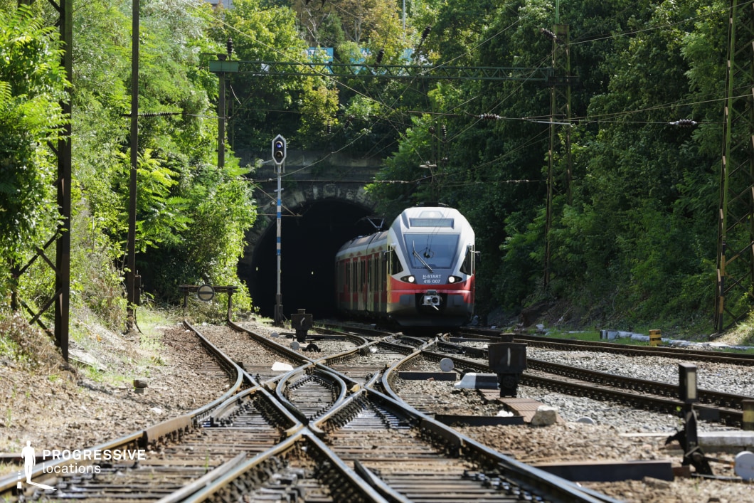 This railway setting features a sleek modern train emerging from a dark tunnel, surrounded by dense greenery. The converging steel tracks form a dynamic crisscross pattern, emphasizing movement and direction. Overhead electrical wires stretch across the frame, supported by tall metal poles, reinforcing the industrial aesthetic. The tunnel’s stone entrance, partially covered in vegetation, adds a sense of history and contrast against the modern train. The combination of natural elements and engineered infrastructure makes this location ideal for filming high-speed travel sequences, suspenseful arrivals or departures, and dramatic urban or adventure-based narratives.