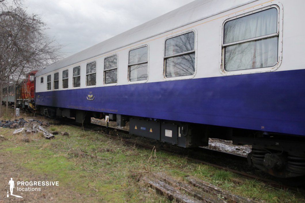 This vintage railway carriage features a striking blue and white exterior with a gold emblem, exuding a refined yet functional aesthetic. The large rectangular windows, framed in metal, provide a glimpse into the interior, where curtains add an element of elegance. The carriage is attached to a red locomotive and part of a longer train, emphasizing its role in long-distance or luxury rail travel. The surrounding natural elements enhance the timeless feel of the setting. This location is ideal for period dramas, nostalgic travel stories, or mystery thrillers requiring an atmospheric and historically rich train environment.