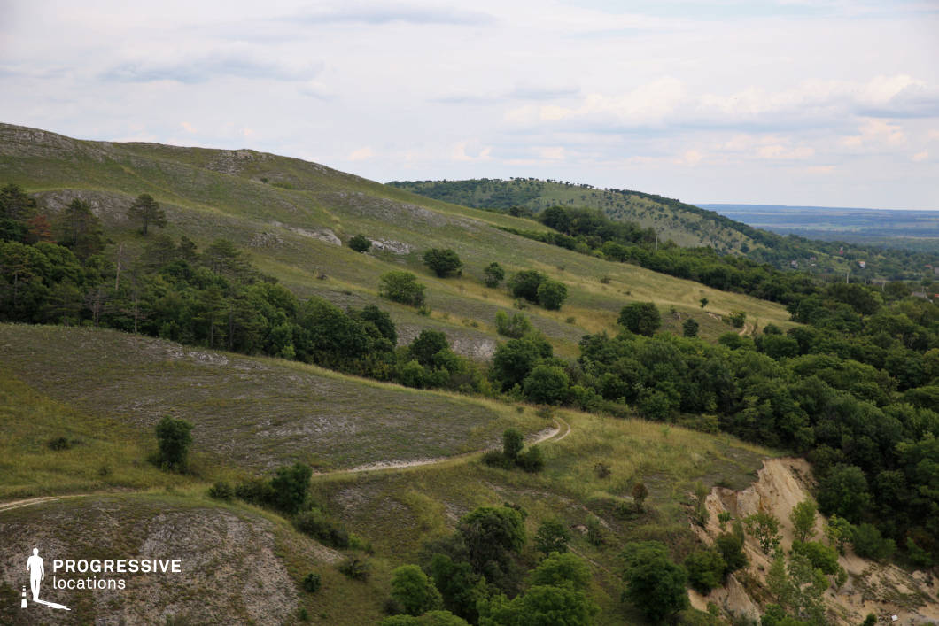 A rugged hillside landscape featuring a mix of rocky terrain, short grass, and scattered patches of dense greenery. The winding dirt path traversing the slopes adds a functional element to the scene, suggesting accessibility for hikers or light vehicles while preserving the natural character of the location. The gently rolling hills extend into the distance, with clusters of trees breaking up the open spaces and adding depth to the composition. The sparse vegetation and exposed rock surfaces highlight the area's natural texture and its suitability for outdoor activities or scenes emphasizing exploration and untamed beauty. This versatile setting offers a balance of natural ruggedness and accessibility, ideal for portraying wilderness or tranquil rural vistas.