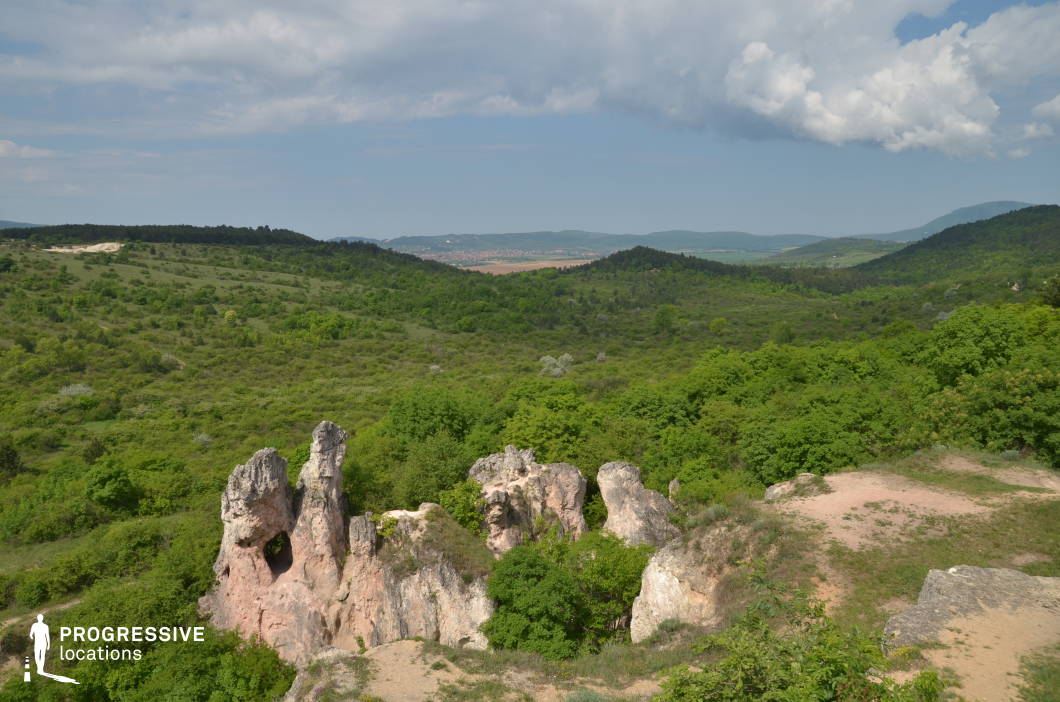 A striking rock formation emerges from the surrounding verdant landscape, dominating the scene with its rugged, weathered appearance. The light-colored stone contrasts vividly with the dense greenery of the surrounding hills, creating a dynamic visual focus. The formation features natural openings and irregular shapes, adding character and intrigue to the composition. Enveloped by rolling hills and uninterrupted vegetation, this setting highlights the raw beauty of the natural world and is ideal for scenes emphasizing geological features, exploration, or unspoiled wilderness.