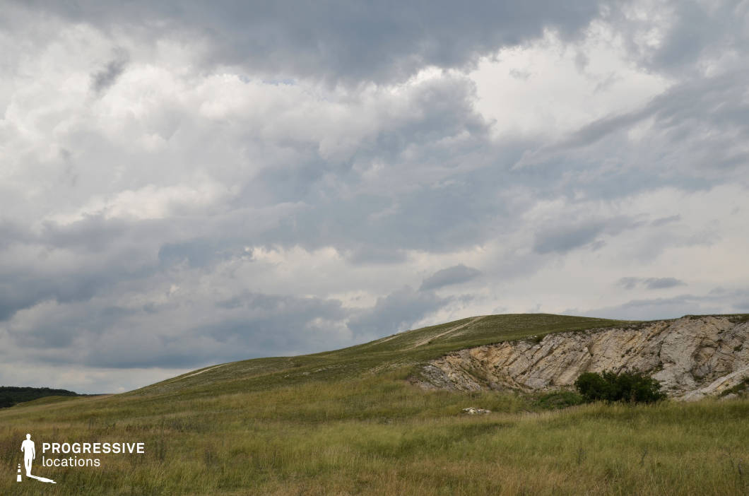 This unique hillside features a striking rocky section that appears to be carved or cut out from the otherwise gentle slope, creating a dramatic focal point. The exposed layers of rock showcase natural textures and formations, contrasting vividly with the surrounding tall grasses that dominate the landscape. The blend of rugged rock and soft greenery emphasizes the dual character of the terrain. The carved rocky section adds an intriguing, almost sculptural quality to the scene, making it an excellent location for showcasing natural geological features or portraying a rural environment with distinctive visual elements.