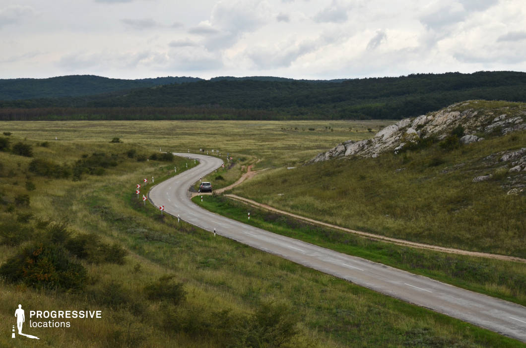 This image depicts a curving rural road cutting through an open grassy landscape, surrounded by gently rolling hills and a backdrop of dense forest. The road’s smooth surface is complemented by red-and-white directional signs lining the curves, enhancing its sense of movement and depth. On the right, rugged rock formations emerge from the hillside, adding texture and contrast to the softer greenery. The expansive fields on either side of the road, interspersed with low shrubs, convey a sense of openness and isolation. The composition leads the viewer’s eye along the winding path, making this location ideal for dynamic filming perspectives and scenic travel shots.