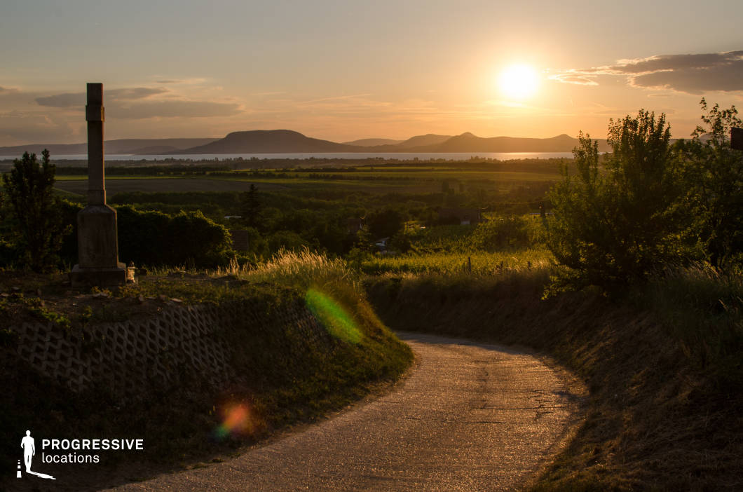 This image captures a winding hillside path bathed in warm, golden sunset light. The foreground showcases the path curving gently downhill, bordered by tall grasses and dense foliage that glow in the low sunlight. To the left, a solitary stone monument stands, adding a rustic and contemplative element to the scene. In the background, expansive vineyards and fields lead to a shimmering lake, with the silhouettes of distant hills framing the horizon. The dramatic interplay of light and shadow enhances the tranquil, picturesque atmosphere, making this location ideal for cinematic sunset scenes or reflective rural settings.