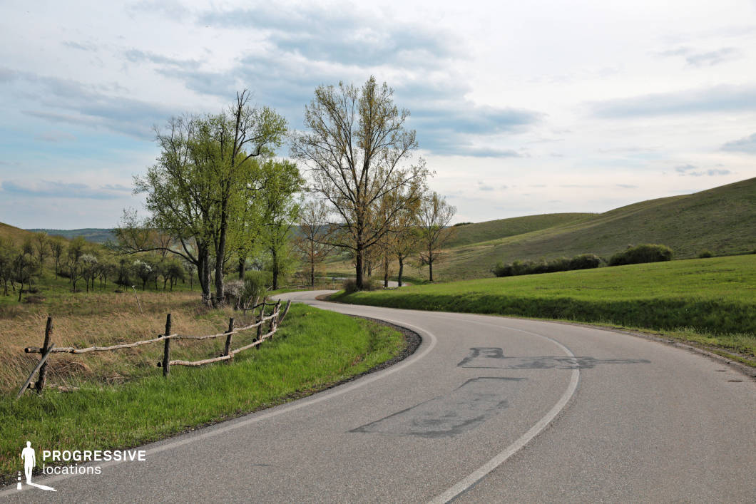 This gently winding road cuts through a serene and expansive rural landscape, bordered by a rustic wooden fence on one side and rolling green hills on the other. The scattered trees, some with early spring foliage, add vertical accents to the otherwise open, flowing terrain. The muted tones of the road surface and the natural colors of the environment create a harmonious and balanced composition. The wooden fence, with its handcrafted and weathered appearance, adds a rustic charm and enhances the setting's pastoral character. The road's curves draw the viewer's eye into the distance, creating a sense of depth and inviting exploration. This location is ideal for capturing tranquil and picturesque countryside scenes, with the potential for storytelling that emphasizes simplicity, nature, and journeying through open landscapes.