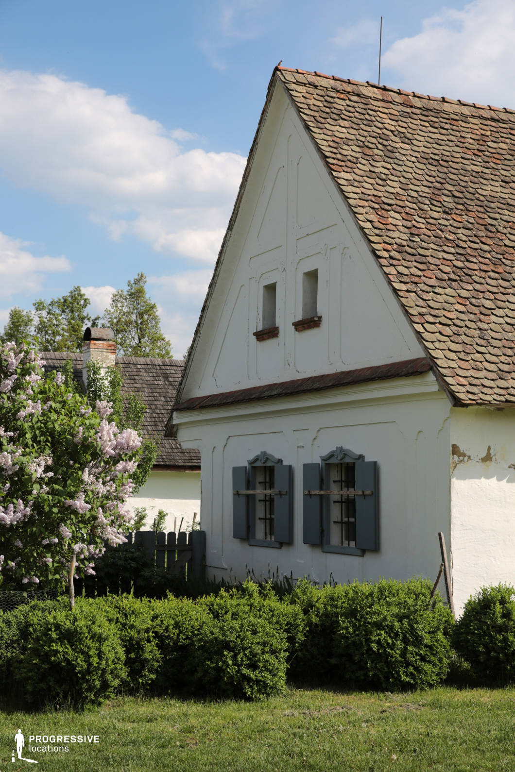 This rural cottage showcases a beautifully preserved traditional facade with a steeply pitched, weathered tiled roof and a whitewashed exterior. The symmetrical design includes decorative plasterwork on the upper gable, adding an element of craftsmanship and authenticity. The small, rectangular attic windows with brick detailing further enhance the historic aesthetic. A defining feature of this house is the set of dark blue-gray wooden shutters, which contrast elegantly against the white walls. These shutters, secured with rustic metal latches, contribute to the building’s old-world charm. The slightly aged exterior with minor wear reinforces the authentic, timeworn character of the structure. The surrounding environment is lush with neatly trimmed shrubs and a lilac tree in full bloom, adding a soft, natural vibrancy to the composition. The rustic wooden fence in the background complements the cottage’s traditional village setting. This location offers a visually rich, atmospheric backdrop for film and photography, particularly suited for period settings, countryside narratives, or heritage-focused productions.