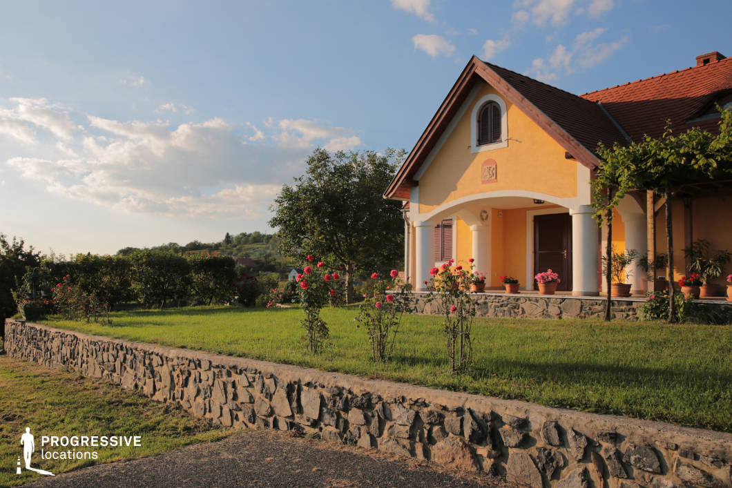This charming countryside home features a warm, ochre-colored facade with white columned arches, evoking a Mediterranean-inspired yet rustic architectural style. The steeply pitched roof, adorned with red clay tiles, adds to its traditional character, while the arched attic window with wooden shutters enhances the homely aesthetic. The house is surrounded by a beautifully landscaped garden with neatly trimmed grass, rose bushes in full bloom, and a variety of potted plants arranged along the covered terrace. A pergola with climbing greenery extends over part of the terrace, providing a shaded retreat. The property is bordered by a carefully crafted stone retaining wall that follows the gentle slope of the land, seamlessly blending with the surrounding rural landscape. In the background, rolling green hills and scattered trees add depth to the scene, reinforcing the idyllic, peaceful atmosphere. This location is ideal for film and photography projects requiring a tranquil, picturesque setting—perfect for lifestyle visuals, countryside narratives, or European-inspired residential aesthetics.