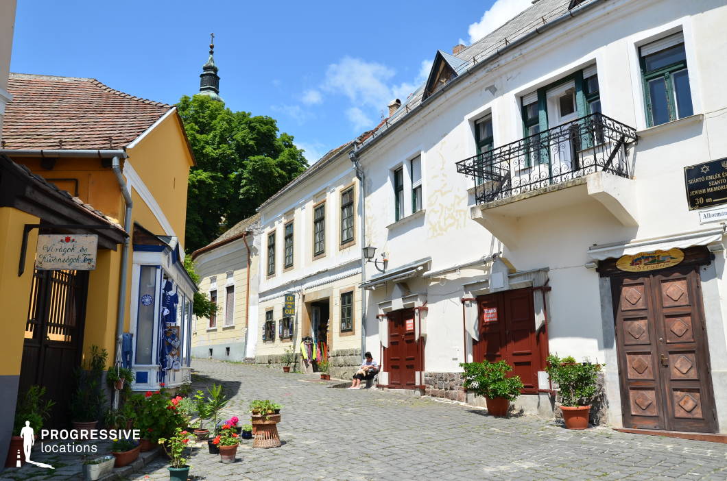 This image captures a picturesque cobblestone street in a European old town, framed by historic buildings with a blend of Baroque and vernacular architectural styles. The facades are painted in soft pastel tones, with wooden shutters, decorative iron balconies, and arched doorways adding to the character. Small businesses, including a boutique shop and a café, line the street, their entrances adorned with potted plants and colorful flowers. A gently sloping pathway leads towards a church tower peeking from behind lush green trees, creating a layered depth in the composition. The scene exudes a warm, welcoming ambiance, ideal for film productions, travel features, or commercial projects seeking an authentic, small-town European aesthetic.