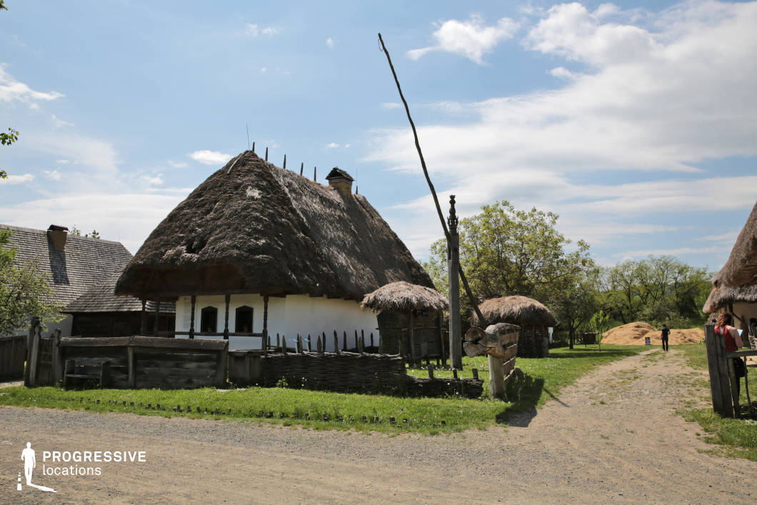 This image showcases a historic rural farmstead with traditional thatched-roof houses, surrounded by a rustic wooden fence and set against a backdrop of lush greenery. The architecture reflects an old-world Hungarian countryside style, with thick white-washed walls, wooden support beams, and steeply pitched roofs designed for insulation and durability. A wooden well with a long, curved pole stands prominently in the foreground, a classic element of traditional Hungarian farms. Smaller outbuildings with woven reed walls and conical thatched roofs add to the authenticity of the setting. The dirt pathway leading into the farmyard enhances the rustic charm, making this an ideal location for historical documentaries, period film productions, or projects capturing the essence of rural Central European life.