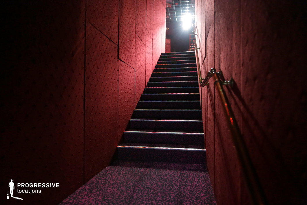This narrow staircase is enveloped in a deep red, plush-lined interior, creating a luxurious yet mysterious atmosphere. The patterned carpet extends seamlessly from the floor to the steps, enhancing the intimate, enclosed feeling. A brass handrail runs along the right side, catching the ambient glow of the low lighting. The stairs lead upward toward a bright light source, contrasting the shadowed lower section with an air of intrigue. This location is ideal for filming noir thrillers, clandestine meetings, or high-stakes drama, offering a visually rich and moody setting suggestive of secrecy and exclusivity.