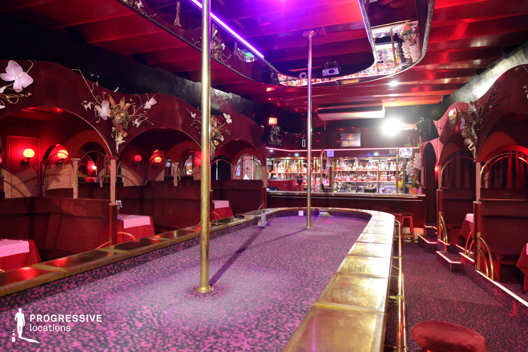 This intimate cabaret lounge features a bold red and gold color scheme, creating a dramatic and opulent atmosphere. The central elevated stage, lined with gold-trimmed railings and equipped with poles, serves as the focal point, while plush velvet seating in arched alcoves provides a secluded yet elegant ambiance. Ornate decorative wall elements and soft red lighting contribute to the vintage aesthetic, while the well-stocked bar in the background adds to the lively energy of the space. This location is ideal for filming noir-inspired thrillers, crime dramas, or retro nightlife scenes, offering a visually rich and immersive setting.