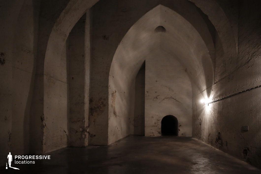 This shadowy, cavernous space features towering pointed arches and thick, aged stone walls, evoking an ancient and mysterious atmosphere. The rough, weathered surfaces, dim lighting, and narrow, ominous passageways enhance the sense of abandonment and secrecy. The interplay of light and darkness, combined with the stark architectural geometry, creates a cinematic setting that is ideal for historical mysteries, supernatural thrillers, or psychological horror. The vault’s eerie ambiance and sense of isolation make it a compelling backdrop for suspenseful, atmospheric storytelling.