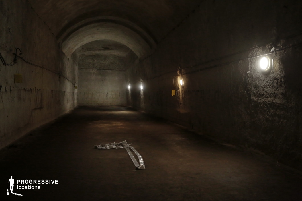 This dimly lit underground space features high, arched ceilings and rough concrete walls, creating an eerie, cavernous atmosphere. Sparse, round wall-mounted lights cast a faint glow, emphasizing the depth of the corridor while leaving much of the space in shadow. Exposed wiring runs along the walls, adding to the raw, industrial aesthetic. The worn, dusty floor enhances the abandoned feel of the tunnel. This location is ideal for filming suspenseful scenes, such as crime investigations, dystopian thrillers, or escape sequences, offering a tense and immersive setting with strong atmospheric potential.
