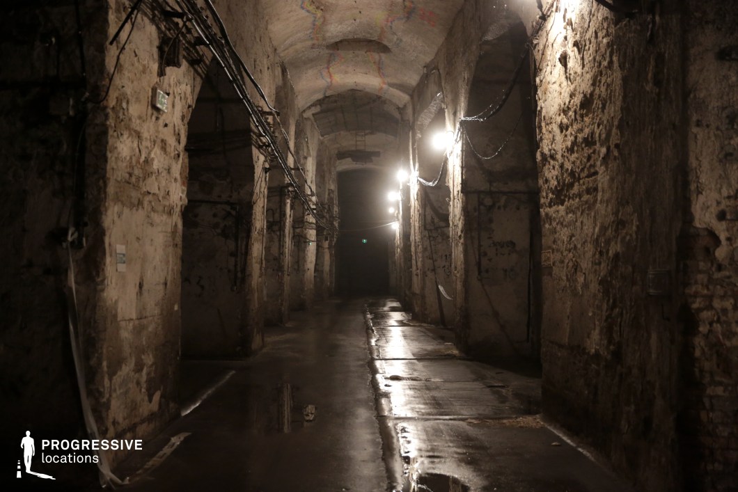 This eerie underground corridor features weathered stone walls, exposed wiring, and dim lighting that casts long, unsettling shadows. The vaulted ceiling, lined with moisture-streaked brickwork, adds to the oppressive atmosphere, while scattered puddles on the worn concrete floor reflect the flickering artificial lights. The decayed state of the structure, with peeling plaster and crumbling edges, enhances its abandoned, dystopian aesthetic. This location is ideal for horror films, thriller sequences, and post-apocalyptic settings, serving as a haunting backdrop for escape scenes, clandestine meetings, or eerie explorations of forgotten places.