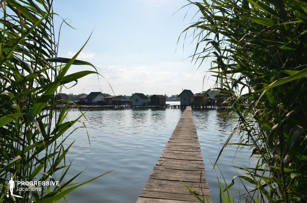 This tranquil lakeside setting features a narrow wooden pier extending over calm waters toward a collection of rustic stilt houses. The perspective, framed by tall, dense reeds, creates a natural vignette that draws the eye toward the horizon. The weathered planks and gently rippling water enhance the scene’s organic and serene quality, evoking a remote and peaceful atmosphere. The stilt houses, with their simple structures, suggest a traditional fishing or lakeside community, adding an element of timelessness. This location is ideal for filming introspective dramas, romantic stories, or mystery-thrillers, offering a picturesque yet slightly isolated setting for reflective or suspenseful sequences. The long pier provides a dynamic visual element, perfect for cinematic movement and perspective-driven shots.