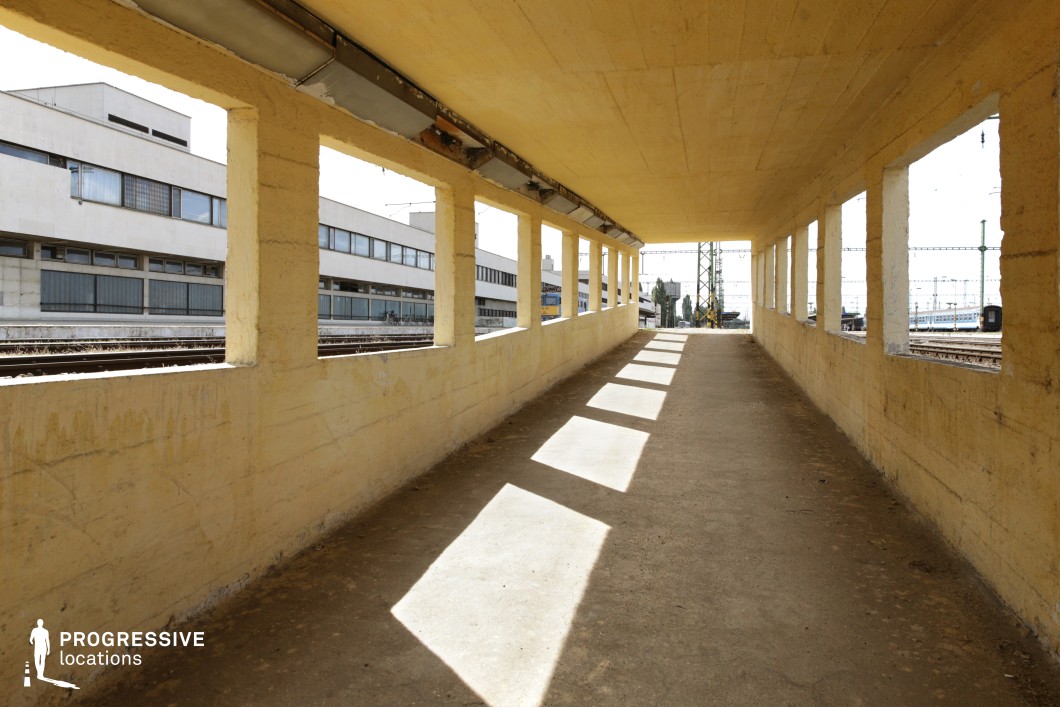 The image captures a raw, utilitarian pedestrian passageway leading to a railway platform. The structure is composed of rough, yellowish concrete with a series of rectangular openings on both sides, allowing natural light to cast sharp, geometric shadows along the floor. The repetitive pattern of the window cutouts creates a strong sense of depth and perspective, drawing the eye toward the train tracks and distant station infrastructure in the background. The worn surfaces and exposed metal elements add an aged, slightly neglected character to the setting. This location is well-suited for filming tense, solitary, or introspective scenes, making it ideal for thriller, neo-noir, or crime dramas. The visual contrast between the enclosed space and the open railway environment enhances the cinematic potential for escape, surveillance, or suspense-driven moments.