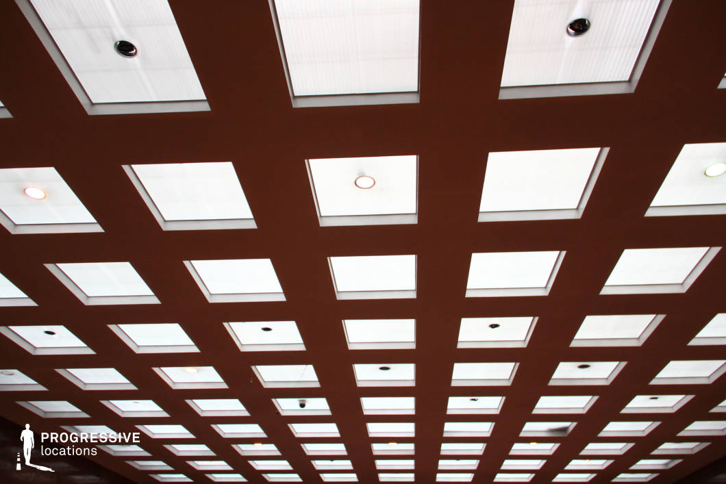 This striking ceiling design features a grid-like pattern of square skylights, allowing diffused natural light to enter the space. The repetitive geometric layout creates a futuristic and almost hypnotic visual effect, emphasized by the contrast between the illuminated skylights and the darker framework. Embedded security cameras and lighting fixtures add a sense of surveillance and control, making this an ideal setting for high-tech, corporate, or dystopian environments. The structured symmetry and dramatic angles lend themselves well to sci-fi, thriller, or psychological drama scenes, especially those that require an imposing or institutional atmosphere.