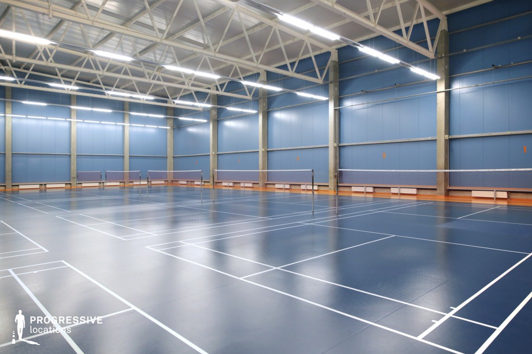 This spacious, purpose-built indoor badminton hall features multiple full-size courts with high-contrast white lines on a matte blue surface, ensuring clear visibility and optimal playability. The walls are clad in sleek blue acoustic panels framed by exposed concrete columns, contributing to both a contemporary industrial aesthetic and functional sound control. Overhead, a white steel truss system supports uniform LED lighting, ensuring consistent illumination without glare. The high ceiling and uncluttered layout provide an open, airy feel ideal for sports training, competitions, or stylized performance scenes. This neutral yet dynamic setting is adaptable for various creative productions requiring clean, modern indoor sports environments.