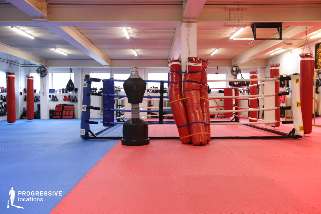 This indoor combat sports facility features multiple boxing rings with surrounding red and blue interlocking mat flooring, offering a clear distinction between zones. The space is equipped with various training gear including hanging punching bags, a torso-shaped free-standing dummy, wrapped kick pads, and a wide array of gloves and protective equipment neatly arranged along the walls. The rings are outlined with branded corner cushions and taut white ropes, creating a professional environment for sparring or filming staged fights. The ceiling is outfitted with uniform linear lighting, and the overall interior has a utilitarian, raw, and vibrant aesthetic. The contrasting color zones and abundance of gear offer strong visual impact, ideal for dynamic sports scenes, fitness branding, or character-driven action sequences.