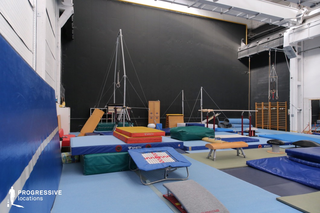 This indoor gymnastics facility is densely equipped with a wide range of professional apparatuses including pommel horse, parallel bars, high bar, gymnastics rings, trampolines, and crash mats. The floor is covered with multi-textured padding in muted tones of blue, green, and beige, optimized for athlete safety and dynamic training. High ceilings and white structural beams support the suspension equipment and ensure ample vertical space for aerial disciplines. A matte black wall at the far end minimizes visual distractions, while wall-mounted wooden stall bars add functional utility. This space is ideal for dynamic sports visuals or training-centric scenes in film and commercial projects.