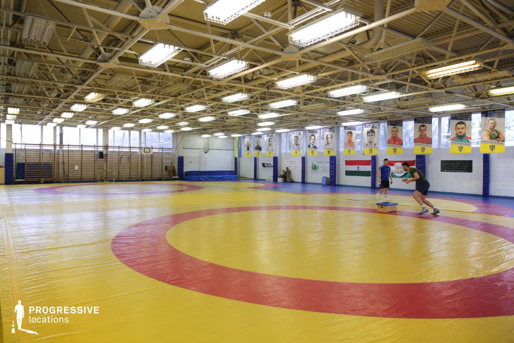 This expansive indoor training hall is purpose-built for wrestling, featuring a vibrant yellow and red mat surface that spans the entire floor. The space is defined by its industrial-style exposed ceiling structure with numerous fluorescent light fixtures, creating an evenly lit environment. Natural light also enters through the large windows on one side, complemented by wooden wall bars and padded corners, reinforcing its functional, athletic setting. Portraits of athletes with name banners line the upper walls, creating a motivational and professional ambiance. The walls are white with visible structural features, and elements like national flags and sponsor logos enhance the competitive sports facility aesthetic. The venue is ideal for scenes requiring a dedicated training environment, athletic performance shots, or competitive sports backdrops.