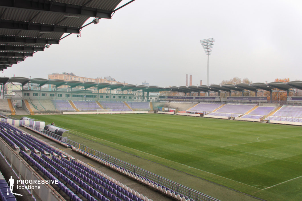 This mid-sized football stadium features a traditional layout with open-air stands and gently curving spectator rows in a muted purple and white color scheme. The grandstands are topped with individual arched roof structures, offering partial coverage while maintaining an open atmosphere. The pitch is natural grass with visible wear, contributing to a lived-in, authentic look suitable for grounded, urban sports visuals. Concrete pathways and metal barriers line the field perimeter, reinforcing the utilitarian style of the venue. Its modest scale and straightforward architecture make it particularly fitting for productions aiming for realism, community-centered sports settings, or training-focused sequences.