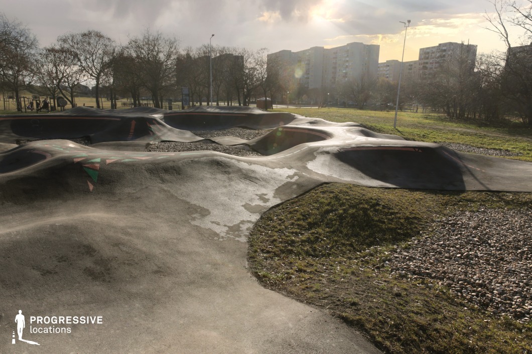 This outdoor location features a sculpted asphalt pump track designed for BMX, skateboards, or scooters, characterized by flowing curves, humps, and embedded directional graphics. The track is set within an open green space bordered by gravel beds, grassy patches, and a line of leafless trees that offer a natural buffer. In the background, mid-rise panel apartment blocks typical of post-war urban housing developments define the skyline. Their uniform façades and repetitive window patterns contrast with the organic undulations of the track, creating a compelling visual tension between built form and dynamic surface. Lighting columns suggest extended usability and a public recreational function. This site offers a gritty, energetic atmosphere ideal for action sports, youth culture, or documentary-style urban productions, balancing natural surroundings with structured residential density.