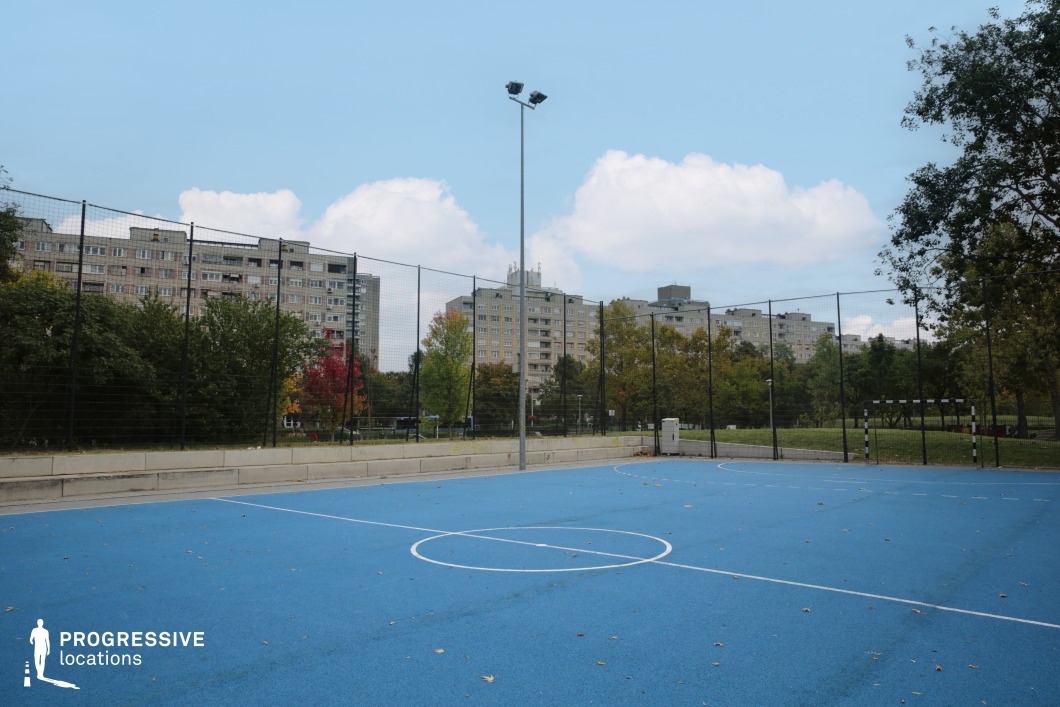 This open, rectangular sports court features a vibrant blue playing surface with white markings suitable for soccer or basketball, enclosed by a metal mesh fence and bordered by a low concrete barrier. Positioned within a landscaped urban park, the court is visually framed by mature trees and grassy mounds that soften the space's urban edges. In the distance, a row of mid-to-late 20th century high-rise apartment blocks dominates the skyline. Their uniform, utilitarian facades contribute a distinctly Eastern European suburban atmosphere, creating a visual contrast with the natural surroundings in the foreground. A tall floodlight further reinforces the functional, public space identity of the location. This site is well-suited for youth culture, community, or urban realism themes, combining elements of structured housing estates with accessible recreational infrastructure.