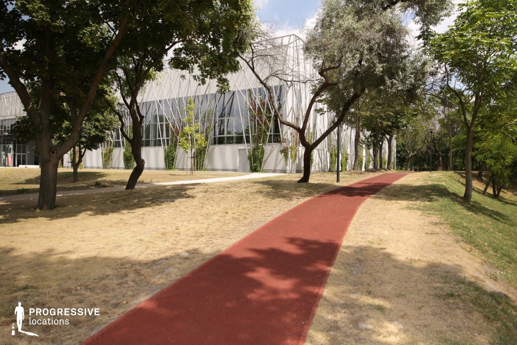This location features a sleek red rubber running path bordered by dry, yellowing grass and mature trees, leading past a modern architectural building clad in white lattice-like metal structures and large windows. The building's geometric design contrasts with the organic forms of the surrounding vegetation, creating a contemporary urban park ambiance. The juxtaposition of built and natural elements provides visual tension and texture, ideal for sports-themed shoots, architectural photography, or lifestyle visuals that emphasize modernity and movement. The structured foreground and tree-lined background allow for layered compositions and flexible framing options.