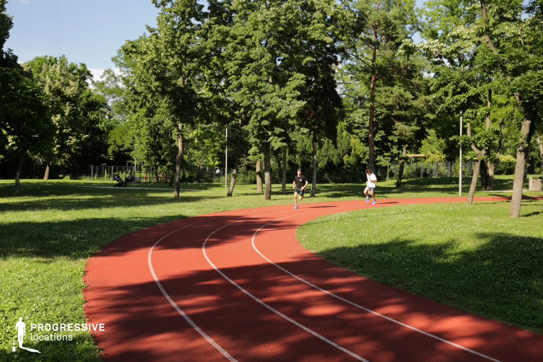 This red rubber running track curves gently through a densely wooded urban park, surrounded by vibrant greenery and tall trees. The well-maintained surface is set against a backdrop of shaded grassy areas and natural light filtering through the foliage. The location features a balanced mix of open sky and tree canopy, creating a dynamic yet calming atmosphere. The space is ideal for scenes focused on health, sport, and active lifestyle themes, as well as for capturing natural movement in a metropolitan green zone. Its compact scale and structured layout make it suitable for fitness-oriented commercial visuals or lighthearted urban storytelling.