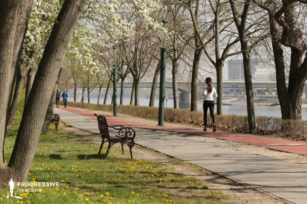 This tranquil riverside promenade features a winding jogging track bordered by mature trees, wrought iron benches, and manicured lawns scattered with spring flowers. The alignment of blossoming trees and vintage-style lampposts creates a rhythm of symmetry, while the riverbank and distant bridge add scenic depth to the view. The area exudes a peaceful suburban charm, making it ideal for lifestyle-oriented shoots, wellness or fitness themes, and any scene requiring a natural yet structured outdoor location with strong compositional elements. The juxtaposition of greenery and waterfront infrastructure offers visual balance for both commercial and narrative productions.